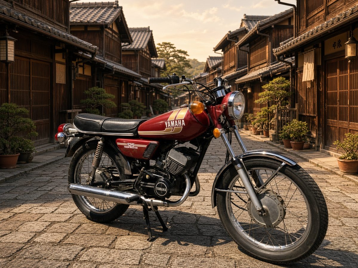 ヤマハ RD125 レッド 古い町並みを背景に